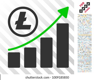 Litecoin Growing Graph Trend pictograph with 7 hundred bonus bitcoin mining and blockchain images. Vector illustration style is flat iconic symbols designed for blockchain websites.