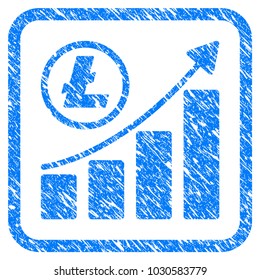 Litecoin Growing Graph Trend rubber seal stamp imitation. Icon vector symbol with grunge design and corrosion texture inside rounded square. Scratched blue sticker on a white background.