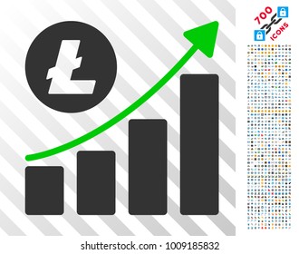 Litecoin Growing Trend pictograph with 700 bonus bitcoin mining and blockchain icons. Vector illustration style is flat iconic symbols designed for blockchain software.