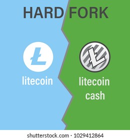 Litecoin hard fork split to Litecoin Cash blockchain cryptocurrency. Vector illustration