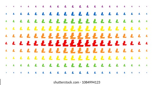 Litecoin icon rainbow colored halftone pattern. Vector litecoin objects are arranged into halftone grid with vertical spectrum gradient. Constructed for backgrounds, covers,
