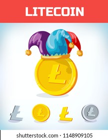 litecoin in jester hat. litecoin. Digital currency. Crypto currency. Money and finance symbol. Miner bit coin criptocurrency. Virtual money concept. Cartoon Vector illustration.