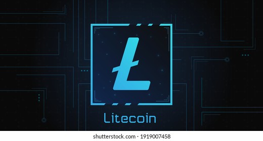 Litecoin logo on dark background with circuits decoration. Glowing symbol with blue and cyan gradient.