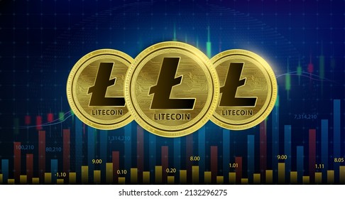 Litecoin (LTC)  3 coin Cryptocurrency blockchain. Future digital currency replacement technology alternative. Silver golden virtual currency growth share chart background. 3D Vector illustration.