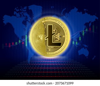 LITECOIN LTC 3D Vector illustration. cryptocurrency blockchain (crypto currency) digital currency, alternative currency, Silver golden virtual currency with growth share chart. 