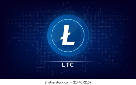 Litecoin (LTC) coin cryptocurrency token symbol. Coin icon on dark  background. Technology for finance in International stock blockchain. Vector illustration.
