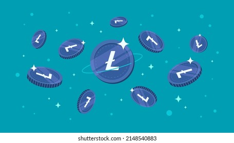 Litecoin (LTC) coins falling from the sky. LTC cryptocurrency concept banner background.