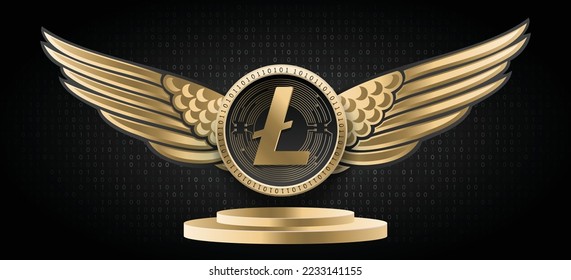 Cartel de la moneda criptográfica de Litecoin (LTC) y de la ilustración del vector de monedas. Fondo de tecnología criptodivisa basada en Blockchain. 