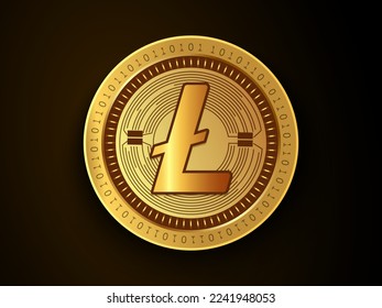 Litecoin (LTC) crypto currency symbol and logo on gold coin. Virtual money concept token based on blockchain technology. 