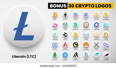 Litecoin LTC crypto logo symbols of cryptocurrency. Set of Bitcoin, Ethereum, Solana, Binance Coin, Binance USD, FTC Token,avalanche, chainlink, maker, dogecoin, USD Coin, Shiba Inu, and Polygon