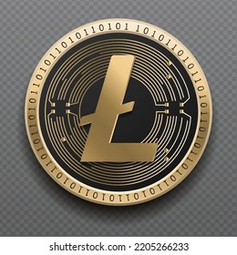 Litecoin (LTC) cryptocurrency golden coin isolated in transparent background. Virtual currency token symbol vector illustration based on cryptography and block chain technology.