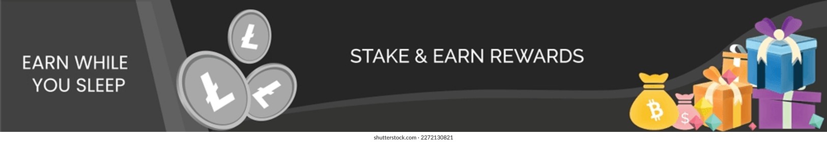 Litecoin, LTC cryptocurrency Header or footer banner template. vector illustartion of Litecoin coins, gift boxes, money bags for crypto web template. 