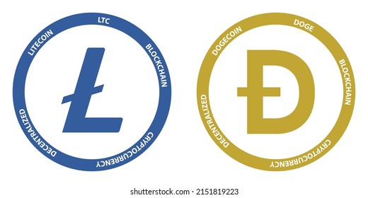 Litecoin LTC and DogeCoin DOGE crypto logos. Cryptocurrency symbol set vector illustration template