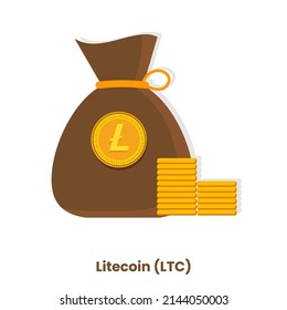 Litecoin LTC Wallet bag with stacks of golden crypto coin vector illustration. Flat cryptocurrency isolated in white background. Can be used as icons, badges, stickers, posters, flyer and web template