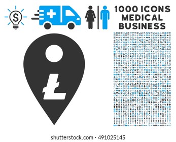Litecoin Map Marker icon with 1000 medical commerce gray and blue vector pictograms. Collection style is flat bicolor symbols, white background.