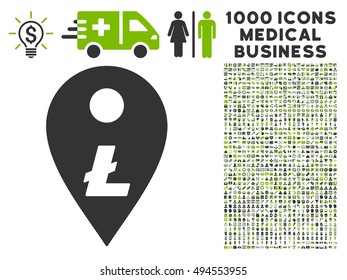 Litecoin Map Marker icon with 1000 medical business eco green and gray vector pictographs. Design style is flat bicolor symbols, white background.