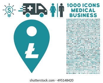 Litecoin Map Marker icon with 1000 medical business soft blue vector pictographs. Clipart style is flat bicolor symbols, white background.