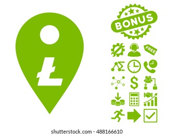 Litecoin Map Marker icon with bonus elements. Vector illustration style is flat iconic symbols, eco green color, white background.