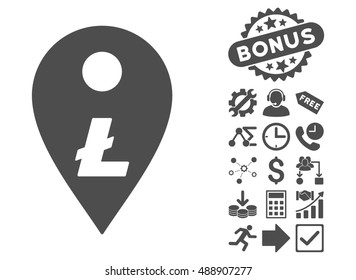 Litecoin Map Marker icon with bonus pictures. Vector illustration style is flat iconic symbols, gray color, white background.