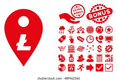 Litecoin Map Marker icon with bonus elements. Vector illustration style is flat iconic symbols, red color, white background.