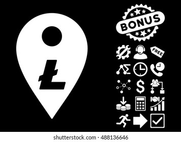 Litecoin Map Marker pictograph with bonus pictures. Vector illustration style is flat iconic symbols, white color, black background.