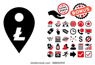 Litecoin Map Marker pictograph with bonus images. Vector illustration style is flat iconic bicolor symbols, intensive red and black colors, white background.
