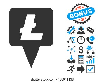 Litecoin Map Pointer pictograph with bonus icon set. Vector illustration style is flat iconic bicolor symbols, blue and gray colors, white background.