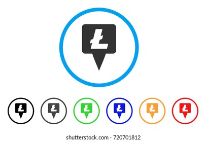 Litecoin Map Pointer rounded icon. Style is a flat litecoin map pointer gray symbol inside light blue circle with black, gray, green, blue, red, orange variants.