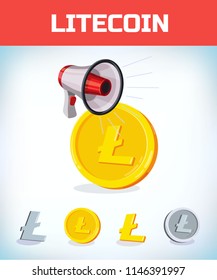 litecoin with megaphone. litecoin. Digital currency. Crypto currency. Money and finance symbol. Miner bit coin criptocurrency. Virtual money concept. Cartoon Vector illustration.