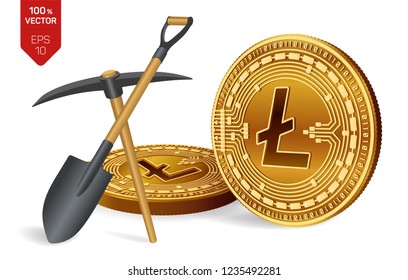 Litecoin mining concept. 3D isometric Physical bit coin with pickaxe and shovel. Digital currency. Cryptocurrency. Golden Litecoin coins isolated on white background. Vector illustration.