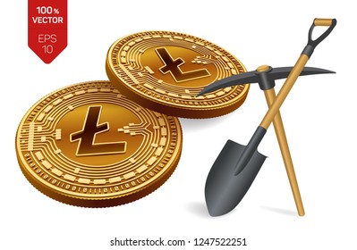 Litecoin mining concept. 3D isometric Physical bit coin with pickaxe and shovel. Digital currency. Cryptocurrency. Golden Litecoin coins isolated on white background. Vector illustration.