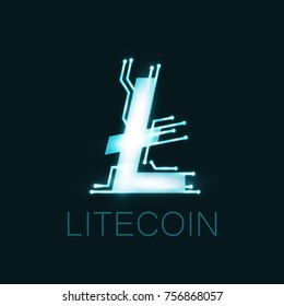 Litecoin neon glowing logo. Isolated vector illustration on black background.