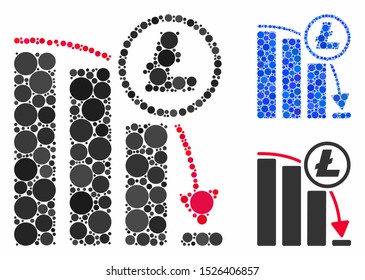 Litecoin panic falling chart mosaic for Litecoin panic falling chart icon of spheric dots in different sizes and color tinges. Vector dots are composed into blue mosaic.