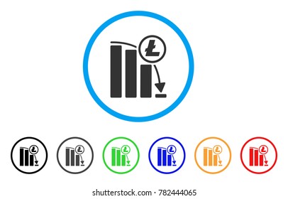 Litecoin Panic Falling Chart rounded icon. Style is a flat gray symbol inside light blue circle with bonus color versions. Litecoin Panic Falling Chart vector designed for web and software interfaces.