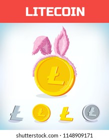 litecoin in rabbit ears. litecoin. Digital currency. Crypto currency. Money and finance symbol. Miner bit coin criptocurrency. Virtual money concept. Cartoon Vector illustration.