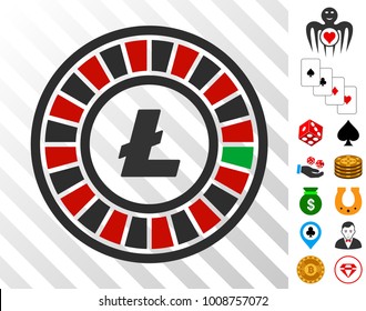 Litecoin Roulette icon with bonus gamble images. Vector illustration style is flat iconic symbols. Designed for casino apps.
