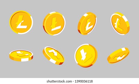 Litecoin. Set of gold coins. Coins at different angles on a gray background. Digital currency money. Investment concept.