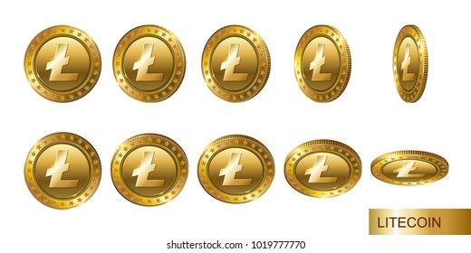 Litecoin. Set of realistic 3d gold crypto coins. Flip Different Angles.
Cash money symbol. Finance Investment Concept of Money.  
Logo, icon,  isolated on white background. 
Modern flat style. Vector