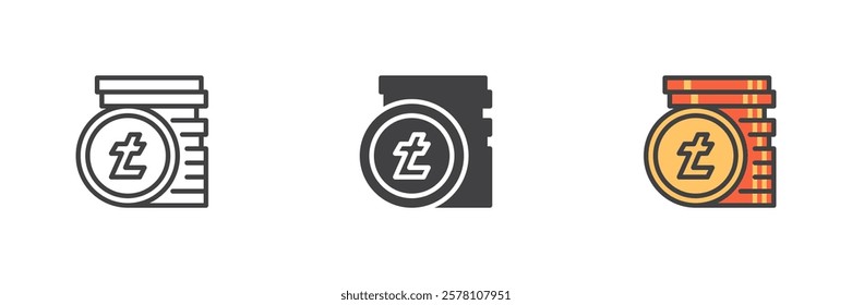 Litecoin stack different style icon set. Line, glyph and filled outline colorful version, outline and filled vector sign. Cryptocurrency symbol, logo illustration. Vector graphics