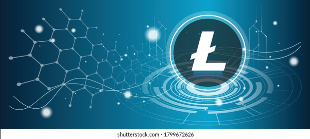 Litecoin symbol with crypto currency themed background design. Modern neon color banner for Lite coin or LTC icon. Cryptocurrency Blockchain technology, digital innovation & trade exchange concept.