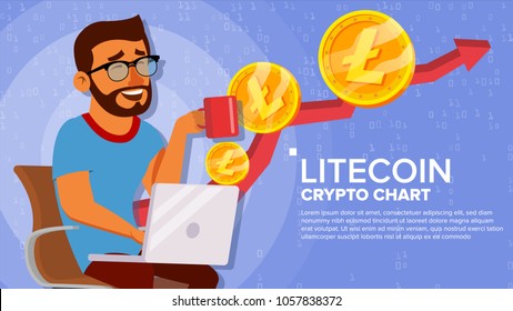 Litecoin Up Trend, Growth Concept Vector. Trade Chart. Virtual Money Happy Man Investor. Crypto Currency Market Concept. Flat Cartoon Illustration
