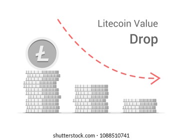Litecoin value drop concept illustration isolated on white background. Stacks of silver vector flat coins