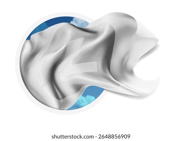 Litecoin, Vektor 3D-Flagge auf blauem Himmel, durch ein rundes Loch auf weißem Hintergrund