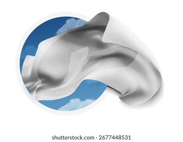 Litecoin, vetor 3d bandeira contra um céu azul, através de um buraco redondo em um fundo branco