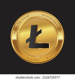 Ilustración de Litecoin Vector cripto logo de la cadena de bloqueo de la moneda aislado en el fondo negro de la moneda de oro. Logotipo de la cadena de bloques LTC para web o impresión. Logo criptográfico de Litecoin LTC.