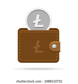 Litecoin wallet and coin inside isolated on white background. Vector colored flat illustration of digital cryptocurrency