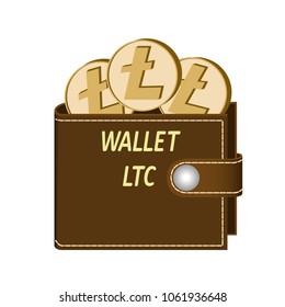 litecoin wallet with coins on a white background , crypto currency in the wallet ,litecoin coins in the wallet , design concept 