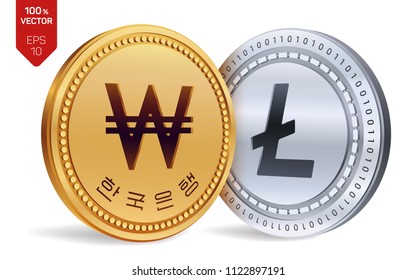 Litecoin. Won. 3D isometric Physical coins. Digital currency. Korea Won coin. Cryptocurrency. Golden and silver coins with Litecoin and Won symbol isolated on white background. Vector illustration.