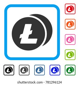 Litecoins icon. Flat grey iconic symbol inside a blue rounded rectangular frame. Black, gray, green, blue, red, orange color versions of Litecoins vector. Designed for web and app UI.