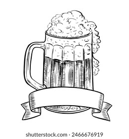 a liter beer mug with a label for the inscription is made of glass. Vector black and white graphics. A hand-drawn design element highlighted on a white background. For pub or restaurant menus, labels.